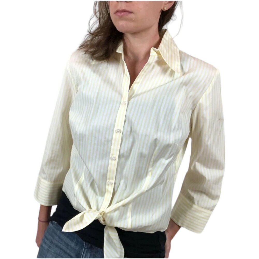 NWT Loft Ann Taylor Yellow White Striped Button Down Tie Front Shirt Women's 8